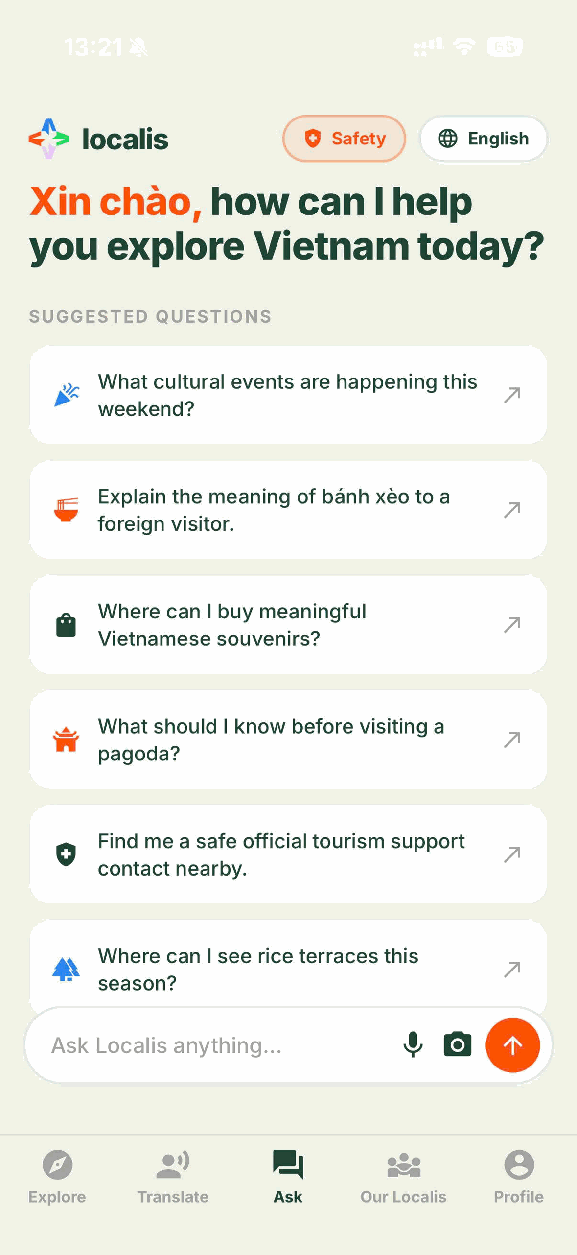 Localis app, Ask screen: Xin chào, how can I help you explore Vietnam today? with suggested questions