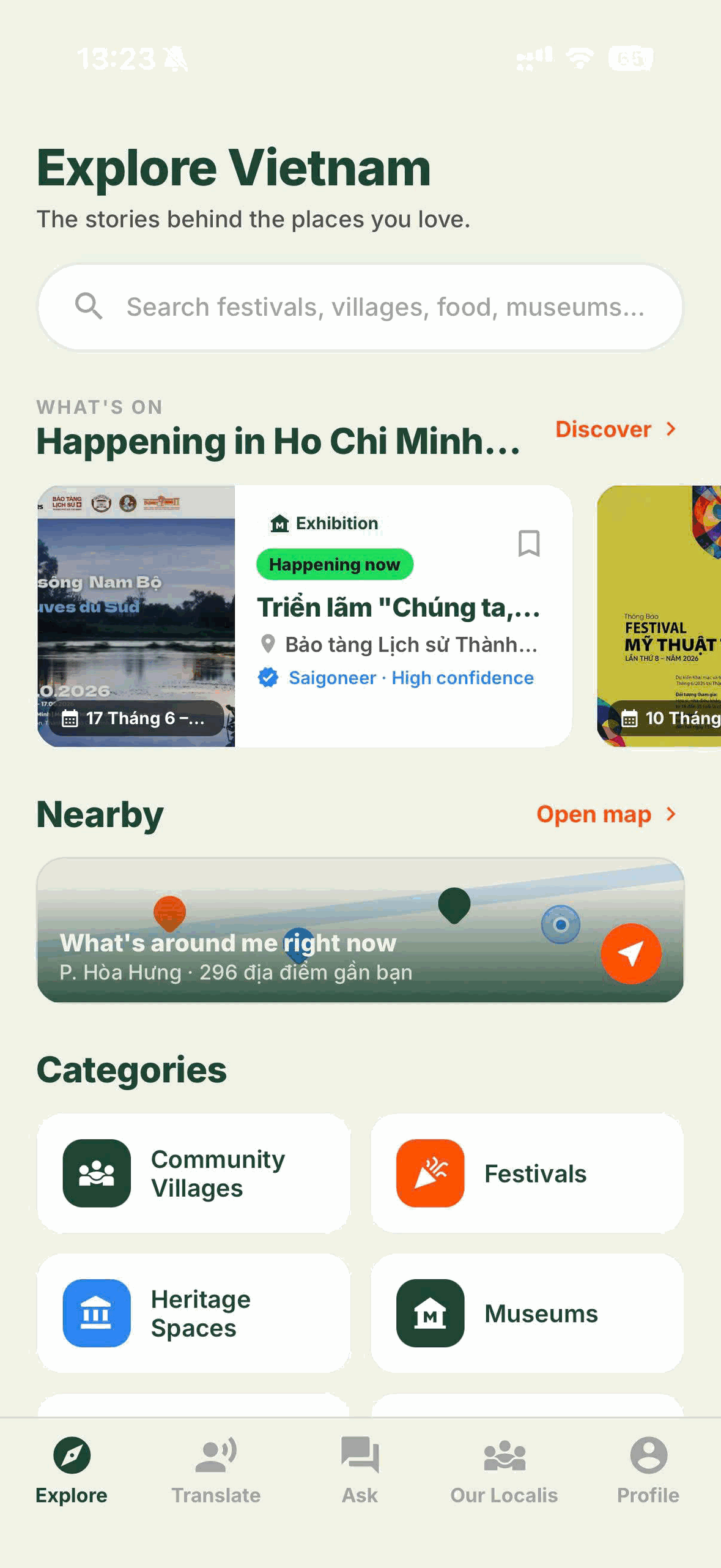 Localis app, Explore Vietnam screen with what's on in Ho Chi Minh City, a nearby map and categories