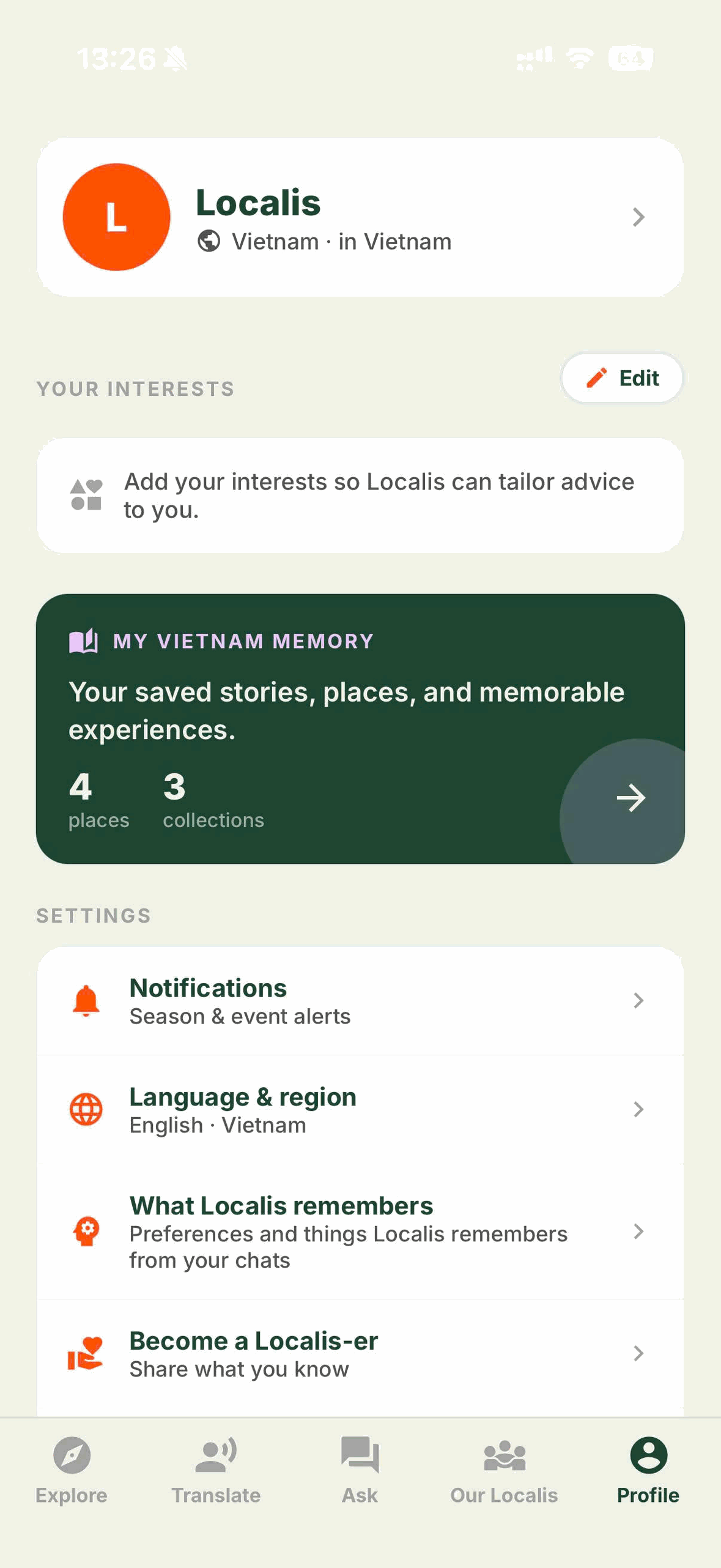 Profile screen of the Localis app with My Vietnam Memory: saved stories, places and experiences